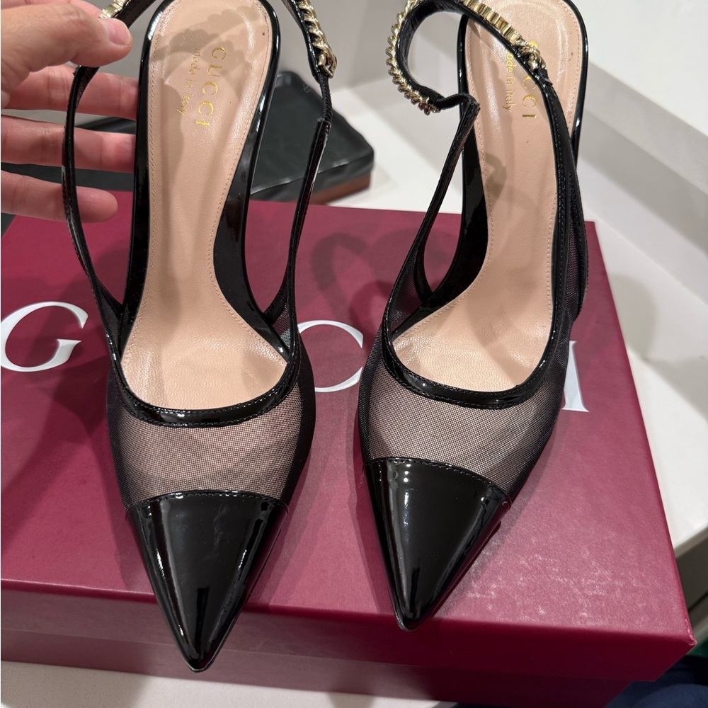 Gucci Black Patent Leather Mesh Heels